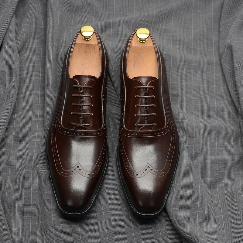Classic Luxury Mens Dress Shoes Cowhide Genuine Leather Black Brown Lace-up Wingtip Brogue Business Office Formal Shoes for Men