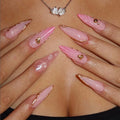 24PCS Almond False Nail Pink Gradient Stiletto Nail Art for Women with Golden French Press on Nail Wearable Manicure Tip