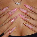 24PCS Almond False Nail Pink Gradient Stiletto Nail Art for Women with Golden French Press on Nail Wearable Manicure Tip