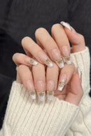 10pcs Handmade Press On Nails Pink Gold Butterfly Artificial Nail Tips With Rhinestones Design