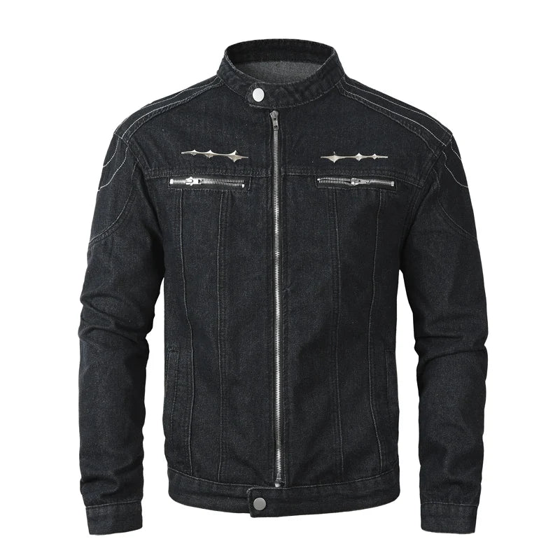 Men Jacket Retro Stand Collar Denim Jacket Men Bomber Coat Zipper Fly