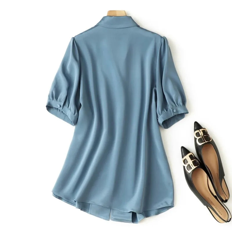 Silk Elegant Shirt Short Sleeve Lapel French Style Blouses Women Summer Autumn Tops