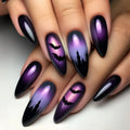 Nails with Halloween design featuring bats and castles on a neutral background, Obroi