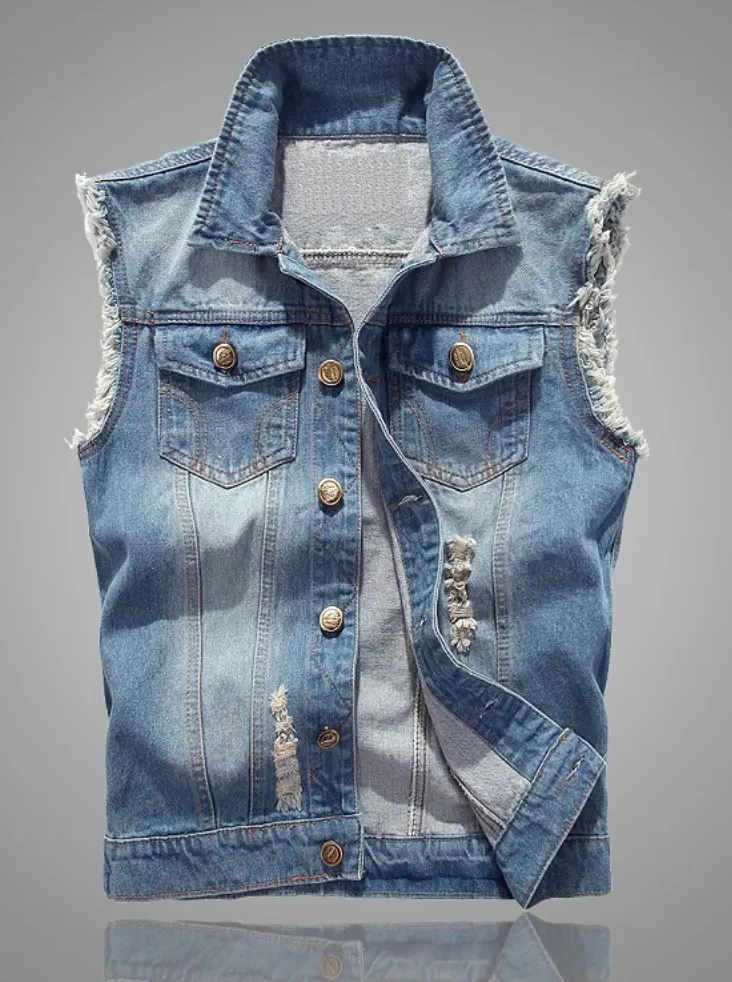 Cotton Hole Denim Waistcoat Men Casual Solid Color Outdoor Slim Fit Mens Vest New Autumn Quality Waistcoats for Men