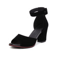 Black open-toe sandal with block heel on a white background, Obroi