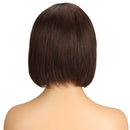 Back view of a person with a short, dark brown bob haircut on a white background, Obroi