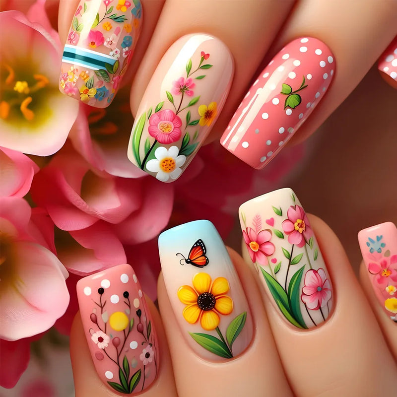 24pcs Ballet Nails Sets Press on Flower Design Mid-length False Nails Art Gradient