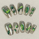 10pcs Handmade Press on Nail French Gem Nails Wearable Women Lady Green Crystal Decor False Nail Tips