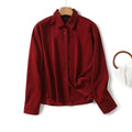 Women Office Wear Red Shirt Long Sleeve Lapel Collar Casual Blouse