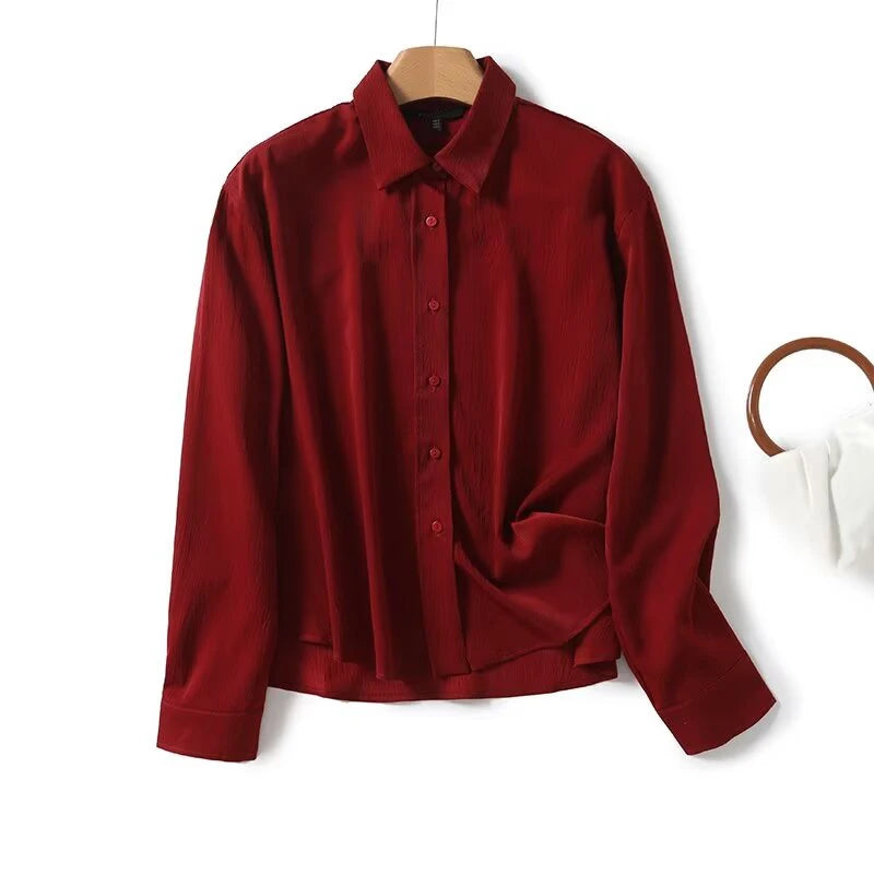 Women Office Wear Red Shirt Long Sleeve Lapel Collar Casual Blouse