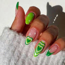 Almond fake nails blue heart flowers speckled pattern