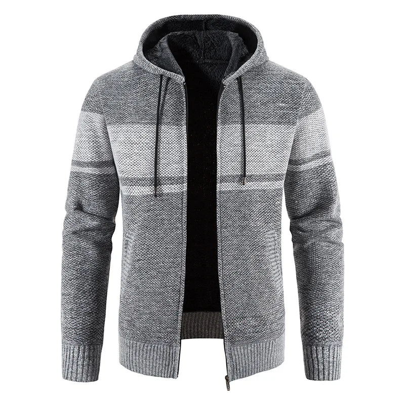 Men's  Knitted Sweater Jackets Autumn and Winter Men's Striped Hooded Fleece Thicken Keep Warm Cardigan Coats