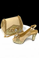 Shoes for Women Rhinestone Peep Toe Bow Gold Italian Shoes and Bag