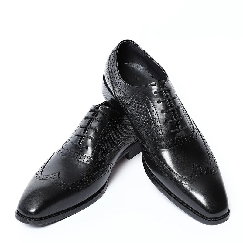 Handmade Real Leather Men Dress Shoes Black Pointy Toe Wingtip Brogue Oxfords Business Wedding Party Formal Shoes