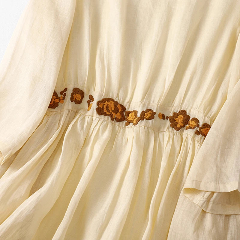 Women Dresses Summer Flower Embroidery High Waist Cotton Dress Long Sundress