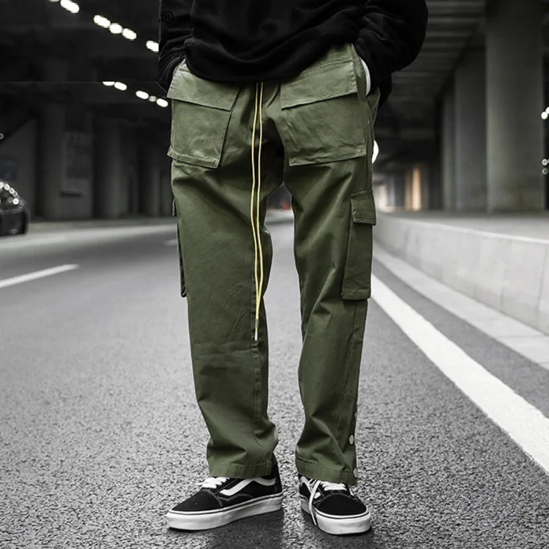 Spring Autumn Men's High Street Baggy Straight Cargo Pants Casual Buckle Drawstring Loose Darkwear Overalls