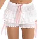 Womens Lace Trim Frilly Bloomers Bowknot Shorts Femme Ruffled Tiered Shorts Elastic Waistband Panties Party Costume