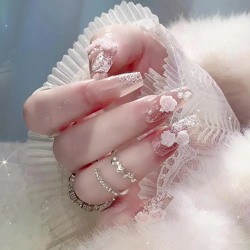 Pearl & Flower Glitter Press On Nails Ice Double-Sided Adhesive Fake Nails Rhinestone Embellished