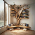 Tree-shaped bookshelf with a seating area in a room with large windows, Obroi