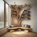 Tree-shaped bookshelf with a seating area in a room with large windows, Obroi