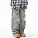 Men's Denim Pants Pleated Large Pocket Straight Jeans Loose Wide Leg Male Trousers