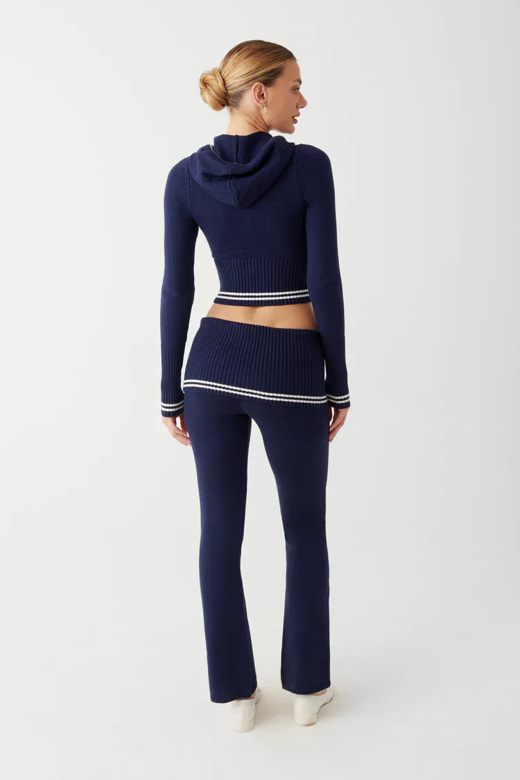 Hooded Knitted Sweatshirt Low Waist Tight Casual Pants Two Pieces Set Women