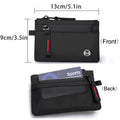 Black wallet with measurements and front/back views on a white background, Obroi