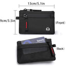Black wallet with measurements and front/back views on a white background, Obroi