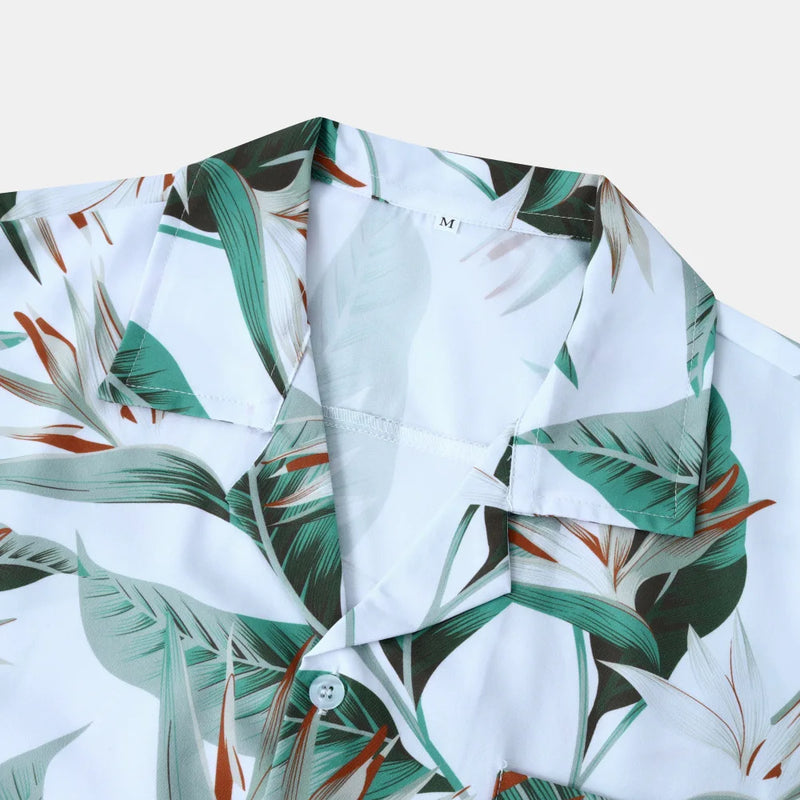 Green Leaves Hawaiian Shirts for Men Summer Short Sleeves Cuban Collar Shirt Loose Casual Beach Tops