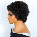 A mannequin head wearing a short, tightly curled black wig against a plain light background. The mannequin is shown in side profile and wears a black top with a white lace neckline and a thin silver necklace, Obroi