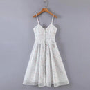 Princess White Floral Ball Gown Sling Organza Dress Women Buttons Slit Spliced Wood ears Swing Midi Fairy