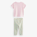 Pink t-shirt and floral leggings set on a white background, Obroi