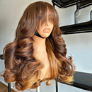 Ombre Brown Glueless Lace Frontal Wig With Bangs Body Wave 13x4 HD Lace Wig Pre Plucked And Blend Closure Wig