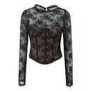 Black lace long-sleeve top on a white background, Obroi