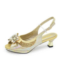 Elegant Women's Peep-Toe Heels and Matching Gold Color Diamond Pumps Set - Shoes and Bags