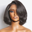 Mannequin head with a short black wig on a white background, featuring the Obroi brand, Obroi