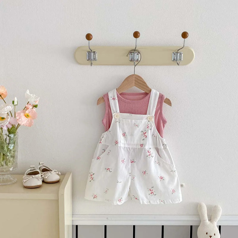Summer girls sleeveless vest suit baby floral bib two-piece suit tide casual clothes.