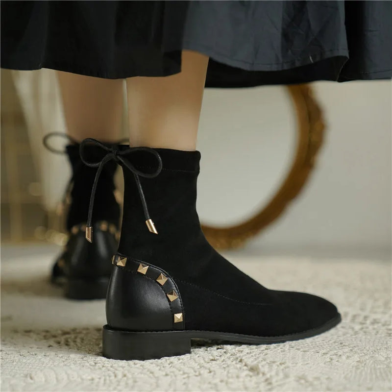Winter Women Plush Ankle Boots Beige Stretch Casual Lady Square Toe Low Block Heel Lace Up Rivet Short Boots