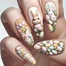 Nail art design with Easter theme featuring bunnies, eggs, and flowers on a neutral background, Obroi