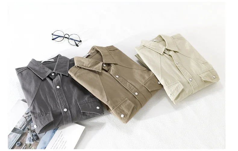 Spring Autumn Corduroy Shirts for Men Pure Cotton Casual Shirts Solid Pockets Shirt