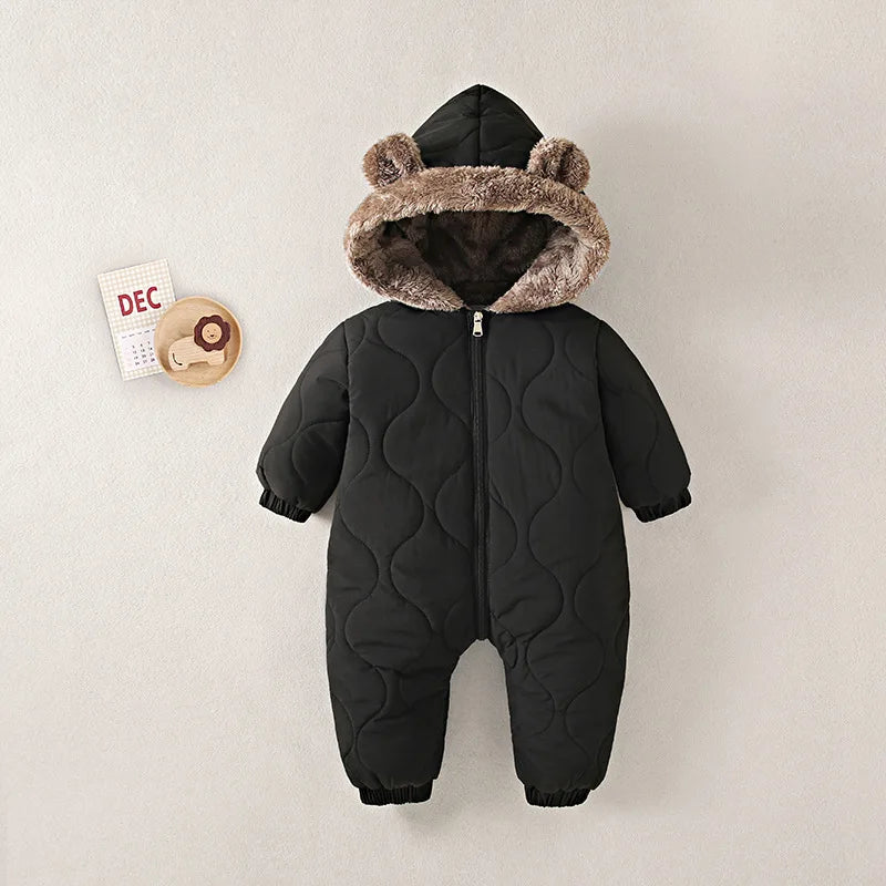 0-2 Y Baby Clothes Fur Lining Boys Rompers Fur Hoodie Girls Jumpsuit Thicken Fleece Toddler Outfit