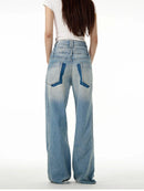 Patchwork Denim Trousers for Women Double Waist Spliced Metal Buttons American Retro Spring Pants Female
