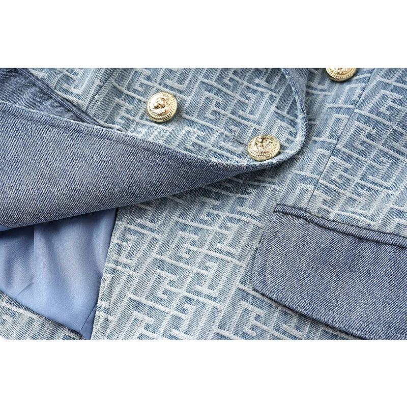 Denim Geometrical Pattern Women Vintage Jeans Slim Blazers Lady Jackets
