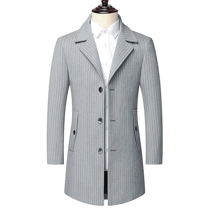 Men's Winter Suit Collar Mid-length Tweed Coat Business Casual Striped Tweed Coat