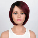 Mannequin head with a burgundy wig on a white background, Obroi