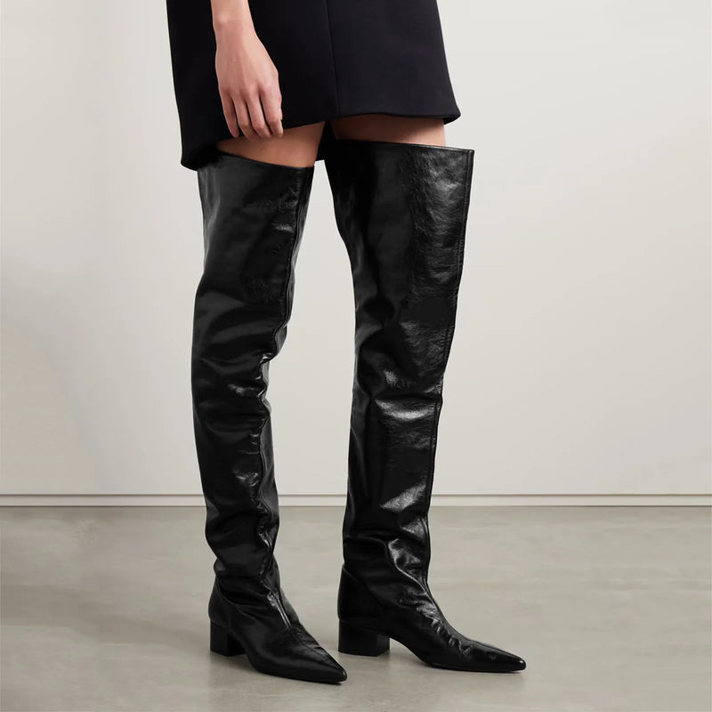 Black Over the knee boots Pointed toe Slip-on Middle heel Modern boots Modern boots