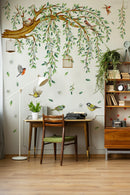 Decorative wall mural with birds, branches, and birds' nests in a room with a desk and bookshelf, Obroi
