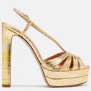 Gold high-heeled sandal with platform sole on a light gray background, Obroi