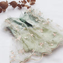 A baby or toddler dress in pale mint green tulle with delicate pink floral embroidery and ruffled trim, laid flat on a white surface with dried brown leaves in the corner, Obroi