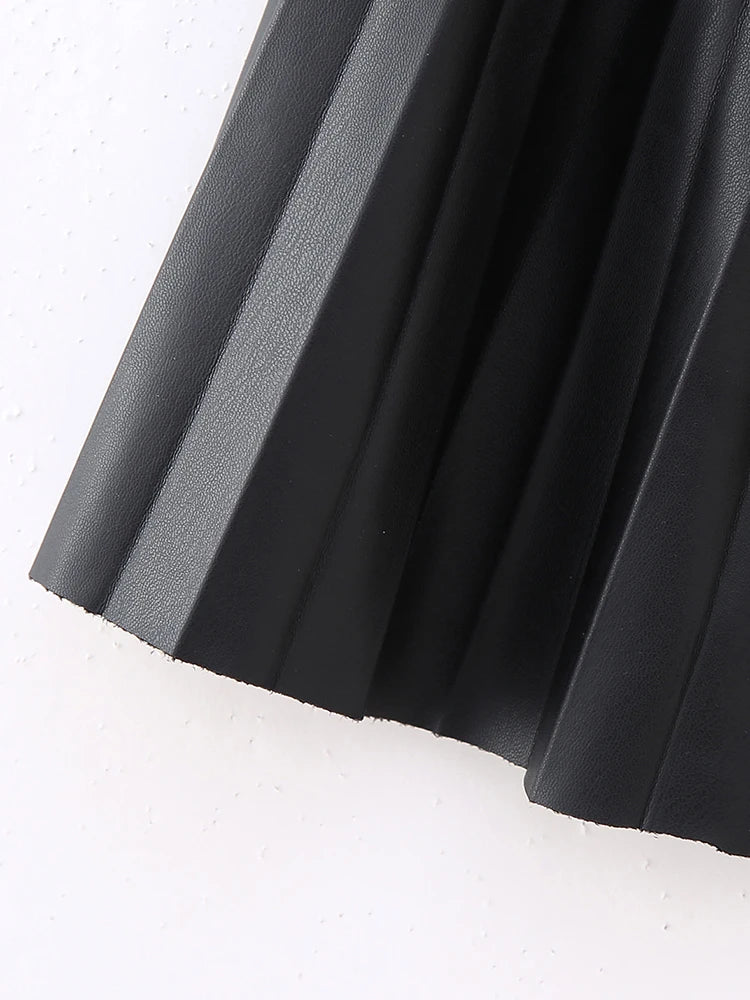 Women Autumn Preppy Style Pleated Short Skirts Streetwear Leather Mid Waist Mini Skirt